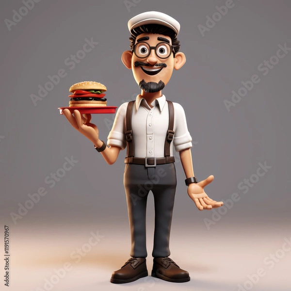 Fototapeta Cartoon Chef Illustration Holding a Delicious Burger on Tray with Mustache and Cap for Restaurant Branding and Menu Design