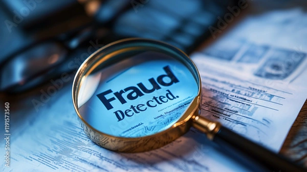 Obraz A magnifying glass focuses on the words fraud detected amidst scattered financial papers and glasses, illustrating a detailed examination in a serious investigative context.