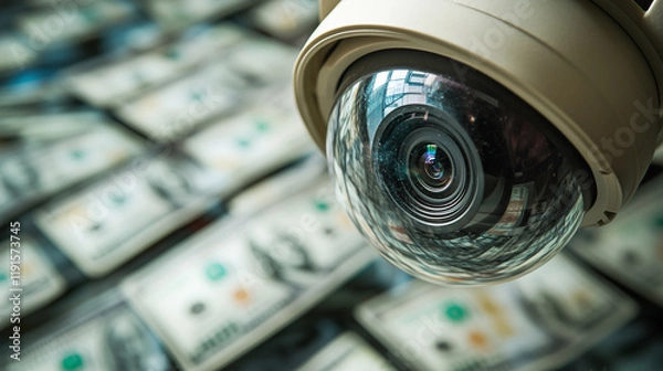 Fototapeta A surveillance camera is positioned above a large quantity of cash, capturing the details of the stacks of money beneath. The setting conveys a sense of security and financial transaction.
