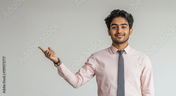 Obraz A young man wearing a light pink dress shirt and a tie stands against a plain wall, confidently gesturing with his right hand. His expression is friendly and engaging.