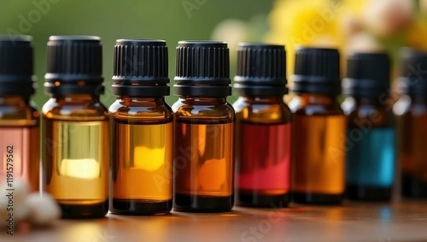 Fototapeta Wellness Diffuser. Amber essential oil bottles lined up with blurred b