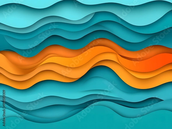 Fototapeta Abstract Wavy Layers in Orange and Blue - Modern Paper Cut Style Background