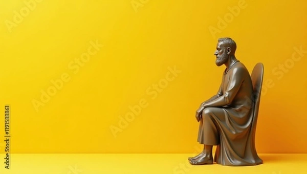 Fototapeta Bronze philosopher's sculpture on right. Soft red background. Copy space for text, 3D render AI Generated Designer Element