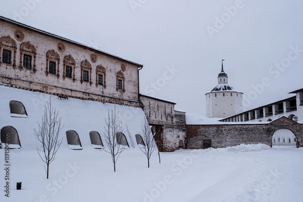 Fototapeta An inside view of the wall of the Kirillo-Belozersky Monastery together with a tree. Vologda region