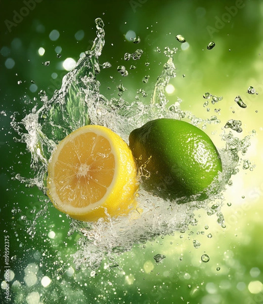 Fototapeta Fresh Lemon and Lime Splashed in Water with a Green Background, Vibrant and Refreshing  
