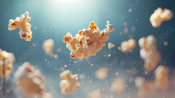 Obraz A single piece of popcorn levitating, representing a light and crispy snack perfect for relaxation.. Treetide. Illustration