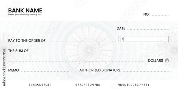 Fototapeta Blank bank check, checkbook cheque template or money payment paper voucher, vector mockup. Business or personal account cash pay cheque certificate or paycheck coupon from checkbook