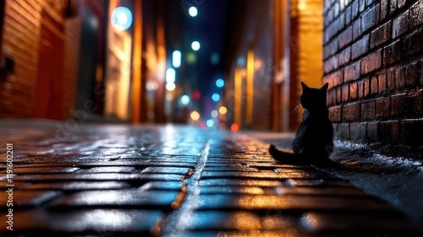 Fototapeta Cat sits alone on wet, illuminated cobblestone street at night