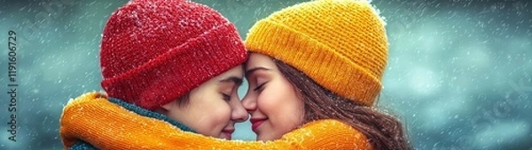 Fototapeta Two Siblings Hugging in Winter Nature | Two Brothers Standing in Cold Winter Snowing
