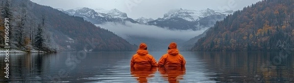 Fototapeta Two Siblings Hugging in Winter Nature | Two Brothers Standing in Cold Winter Snowing