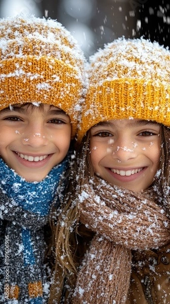 Fototapeta Two Siblings Hugging in Winter Nature | Two Brothers Standing in Cold Winter Snowing