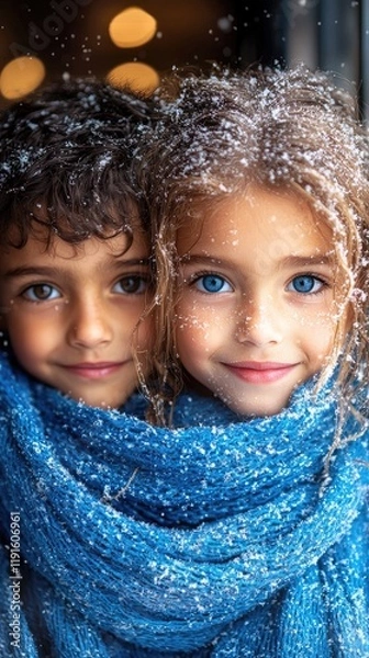 Fototapeta Two Siblings Hugging in Winter Nature | Two Brothers Standing in Cold Winter Snowing