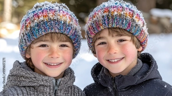 Fototapeta Two Siblings Hugging in Winter Nature | Two Brothers Standing in Cold Winter Snowing