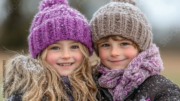 Fototapeta Two Siblings Hugging in Winter Nature | Two Brothers Standing in Cold Winter Snowing