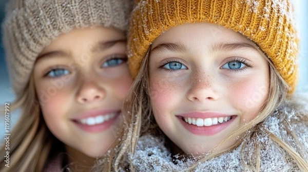 Fototapeta Two Siblings Hugging in Winter Nature | Two Brothers Standing in Cold Winter Snowing