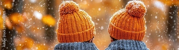 Fototapeta Two Siblings Hugging in Winter Nature | Two Brothers Standing in Cold Winter Snowing