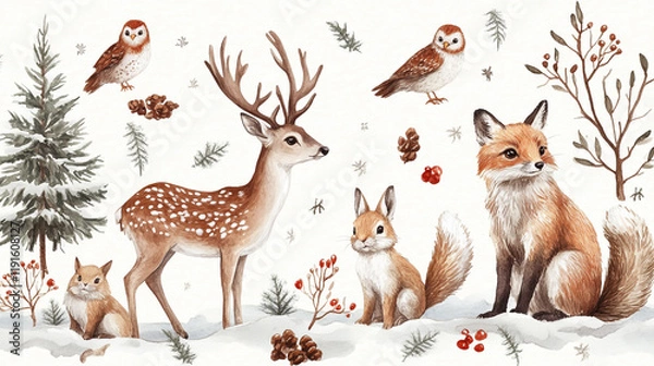 Obraz Wildlife illustration featuring deer, fox, and owls in a snowy forest setting