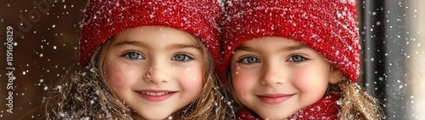 Fototapeta Two Siblings Hugging in Winter Nature | Two Brothers Standing in Cold Winter Snowing