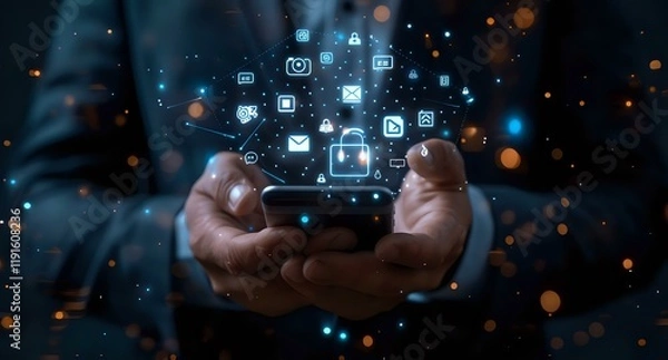 Fototapeta Digital transformation concept with businessman hands holding glowing social media and technology icons, perfect for business communication and networking designs.