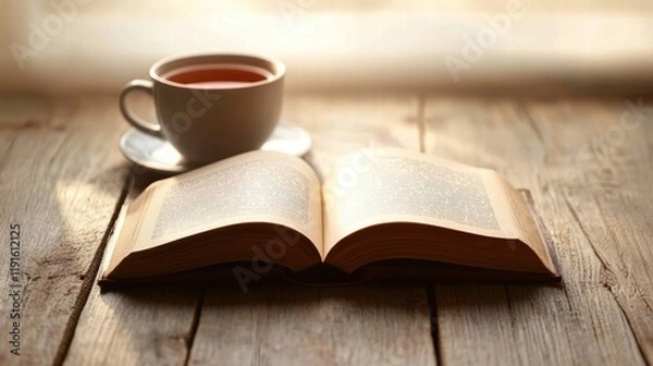 Fototapeta Cozy reading nook featuring an open book and a cup of tea on a wooden table in warm lighting. Generative AI