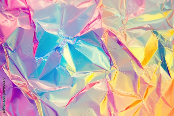 Obraz Colorful Iridescent Holographic Foil Paper Texture with Pink, Blue, and Yellow Highlights
