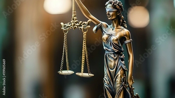 Fototapeta Bronze Lady Justice statue with scales symbolizing law and justice, perfect for legal firms, courthouses, and attorney websites. Dramatic lighting highlights the metallic details.