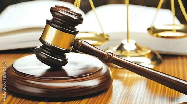 Fototapeta Wooden judge gavel and golden scales of justice on wooden table, legal law concept background for attorney, court trial or justice system.