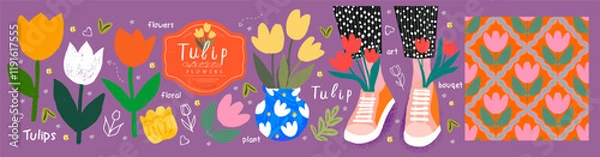 Obraz Tulip flowers. Stylish vector tulip flower and bouquet illustrations with vibrant colors, modern seamless pattern, and playful design. Perfect for spring-themed poster, card, and decorative background