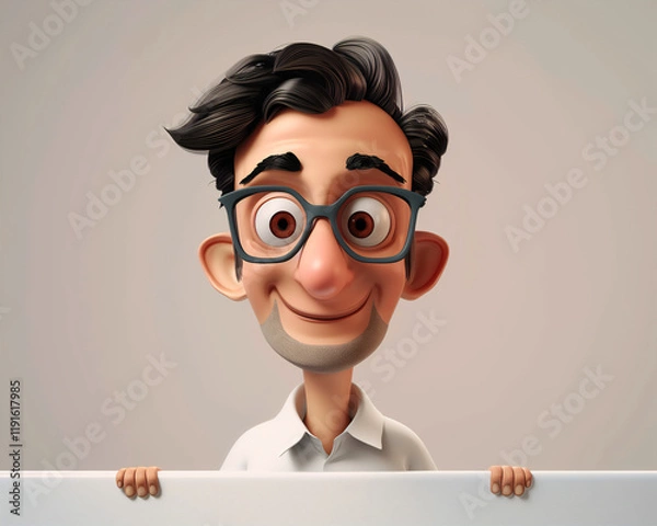 Fototapeta Friendly Cartoon Portrait of Smiling Man with Glasses in 3D Illustration for Creative Design Projects