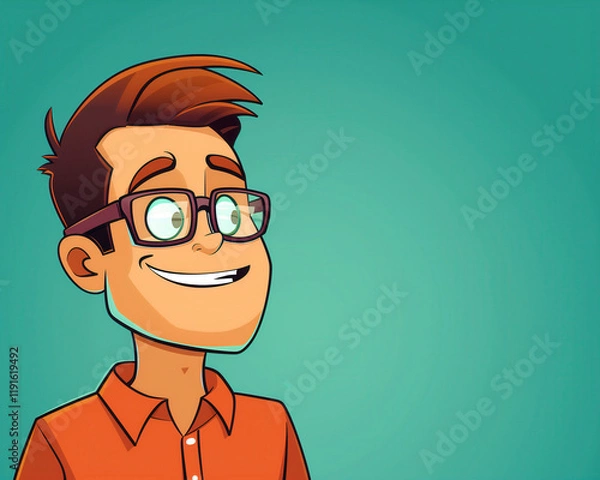 Fototapeta Cartoon Illustration of a Happy Young Man in Glasses and Orange Shirt with Smiling Expression, Ideal for Profile Avatars and Social Media Graphics