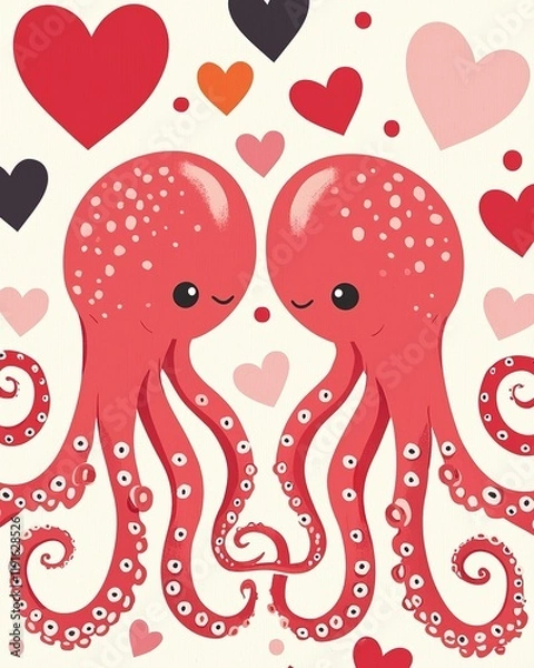 Fototapeta Two cute, cartoon-style octopuses are intertwined with hearts in various shades, creating a playful and romantic underwater scene.