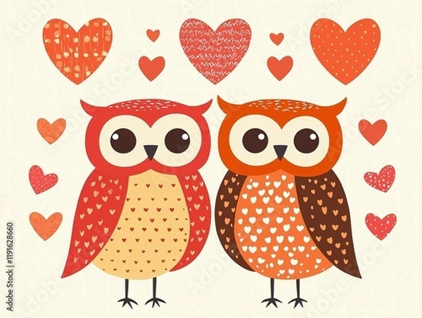 Fototapeta Two cute, cartoon-style owls with hearts surround them, symbolizing love and affection in a playful and colorful design.