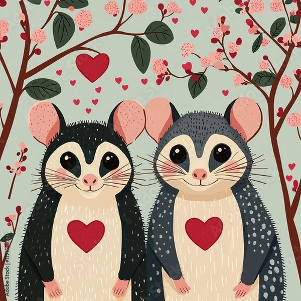 Fototapeta Two adorable, cartoon-style possums stand together with hearts on their chests, surrounded by pink flowers and hearts, conveying a theme of love and friendship.