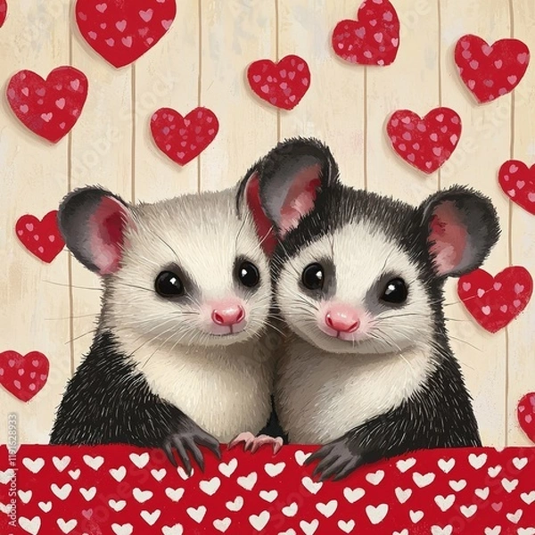 Fototapeta Two adorable, cartoon-style possums cuddle together against a backdrop of hearts, evoking a warm, loving atmosphere.