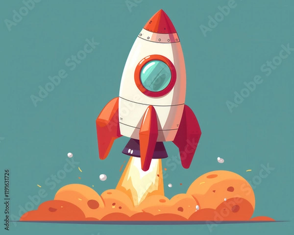 Fototapeta Vibrant Rocket Launch Illustration with Orange and Red Details on a Blue Background, Capturing the Spirit of Adventure and Innovation