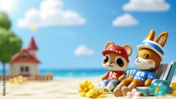 Fototapeta Two animal figurines in beach attire relax on sunny with flowers and house