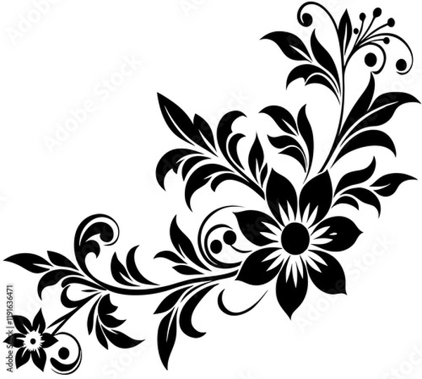 Fototapeta  floral design, stylized flower design with leaf and decorative accents. abstract floral ornament, corner, petal patterns, ideal for use in decorative prints, wallpaper, mandala, digital art, template