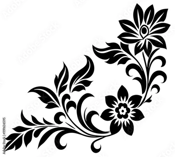 Fototapeta  floral design, stylized flower design with leaf and decorative accents. abstract floral ornament, corner, petal patterns, ideal for use in decorative prints, wallpaper, mandala, digital art, template