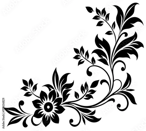 Fototapeta  floral design, stylized flower design with leaf and decorative accents. abstract floral ornament, corner, petal patterns, ideal for use in decorative prints, wallpaper, mandala, digital art, template