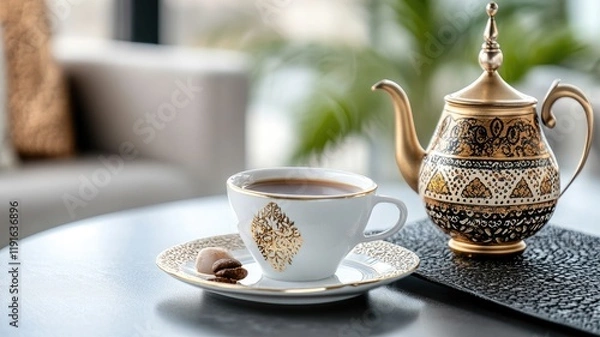Fototapeta Elegant tea set with ornate gold designs, cup and teapot on table