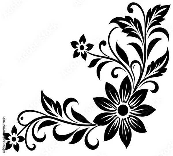 Fototapeta  floral design, stylized flower design with leaf and decorative accents. abstract floral ornament, corner, petal patterns, ideal for use in decorative prints, wallpaper, mandala, digital art, template