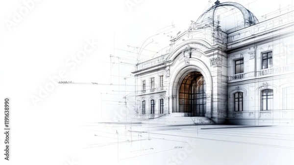 Obraz Architectural sketch of neoclassical building with detailed linework and perspective