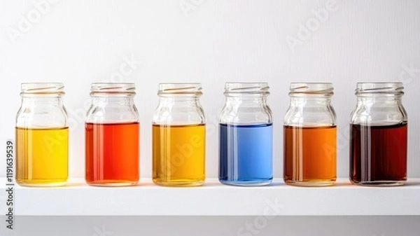 Obraz Six glass jars with colorful liquid lined up on white shelf