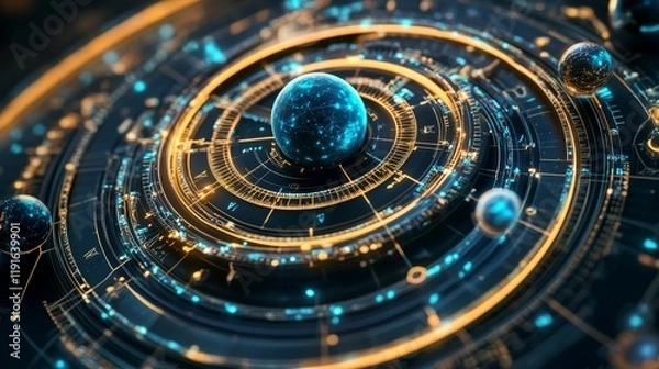 Fototapeta Glowing sphere within concentric, technological rings.