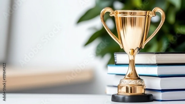 Obraz Golden trophy on desk beside stacked books with blurred greenery in background