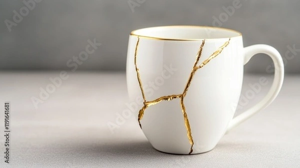 Obraz White ceramic mug repaired with gold, showcasing kintsugi technique