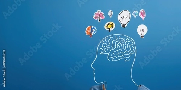 Fototapeta silhouette head with hand drawn ideas floating above in bright whimsical doodles on plain blue copyspace concept of creativity marketing psychology