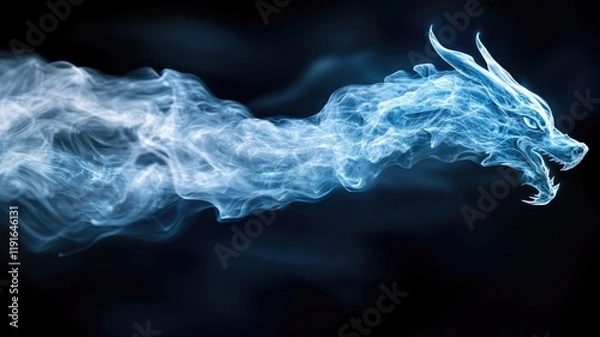 Obraz Ethereal blue dragon emerges from glowing mystical smoke on dark background