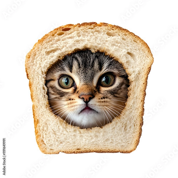 Fototapeta Cat's face peeking through a slice of bread creates a humorous and whimsical scene indoors
