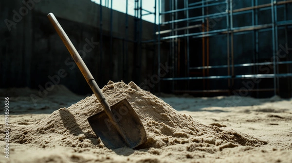 Obraz A mound of fine sand with a weathered wooden-handled shovel resting on it, set against a backdrop of scaffolding and an unfinished concrete structure.